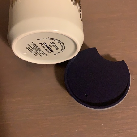 Starbucks Cream and Gold Ceramic To Go Mug with Plastic Lid - Picture 10 of 10